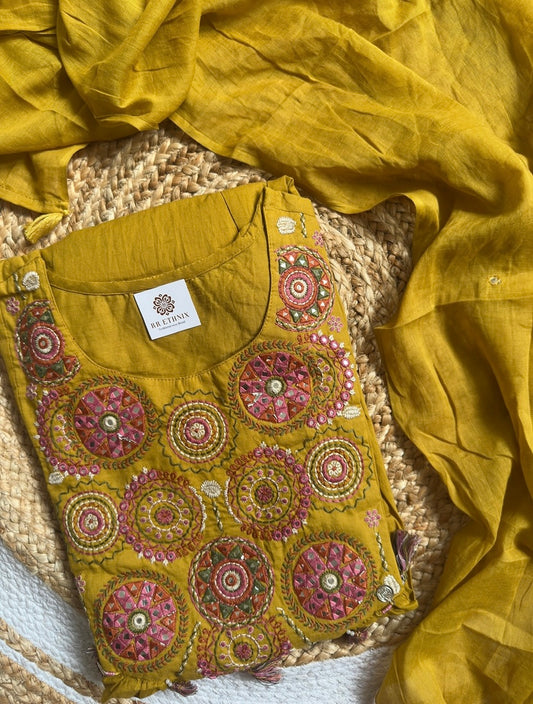 Mustard Yellow Cotton Salwar suit with Mirror & Thread Work 3pc set