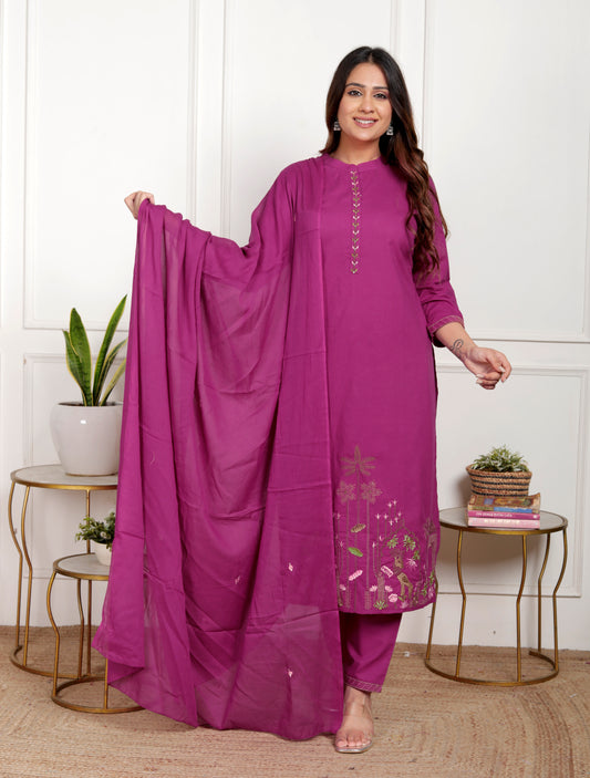 Premium Quality Pure Cotton Embroidered Ben Neck Kurti Pant Dupatta Set