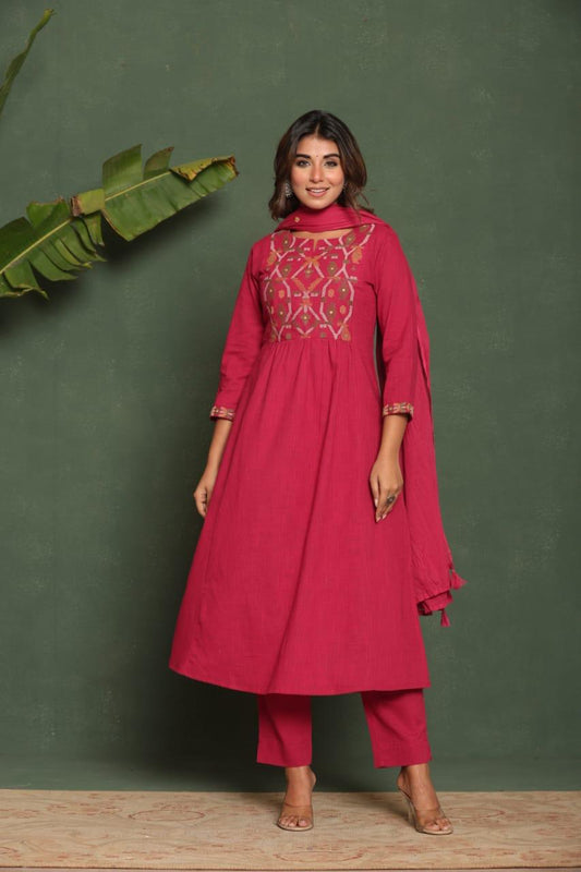 Luxe Pure Cotton Slub A-Line Embroidered Kurti Pant With Mul-Cotton Dupatta.