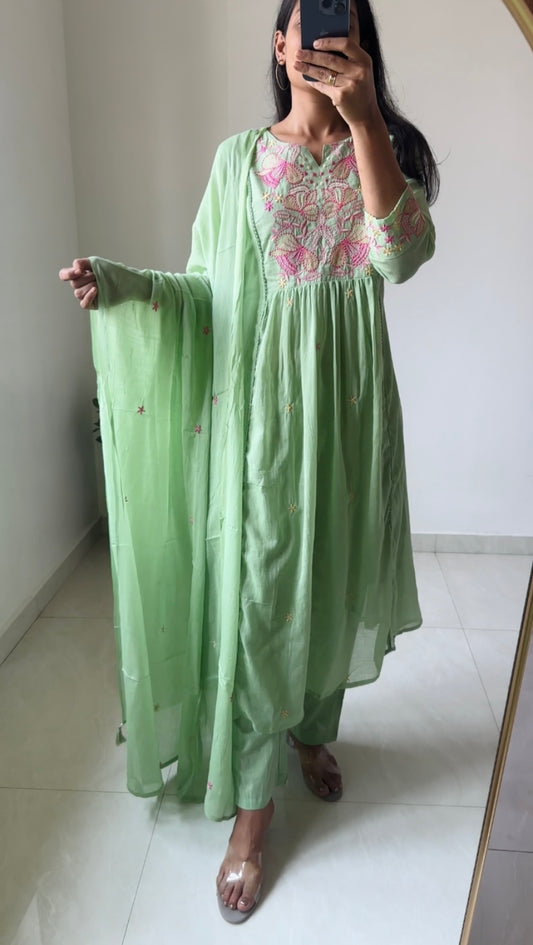 Pastel Green Mul Cotton Embroidered Suit Set with Mul Mul Dupatta | Summer Ethnic Wear for Women