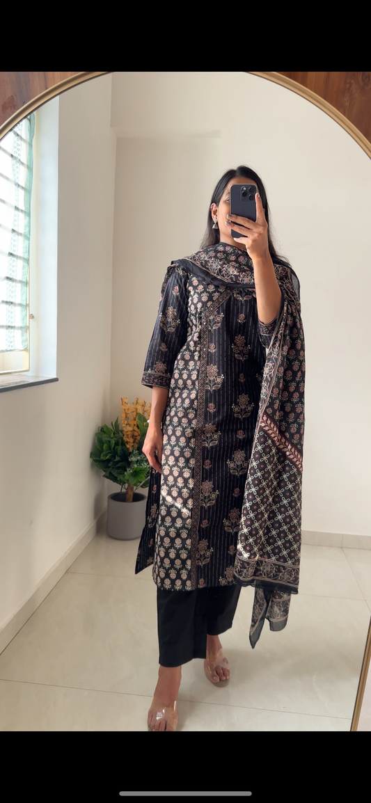 Black Cotton Angrakha Style 3 Piece Suit Set with Printed Dupatta