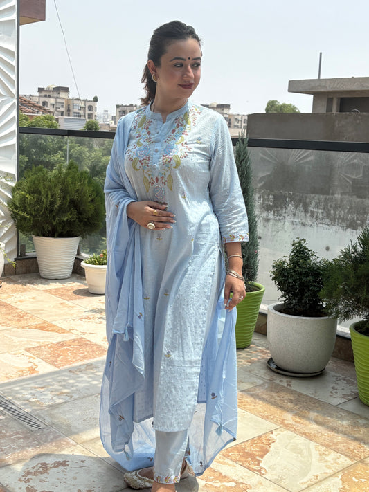 Premium Quality Pure Dobby Cotton Embroidered Straight Kurti Pant with Embroidered Mul-Cotton Dupatta.