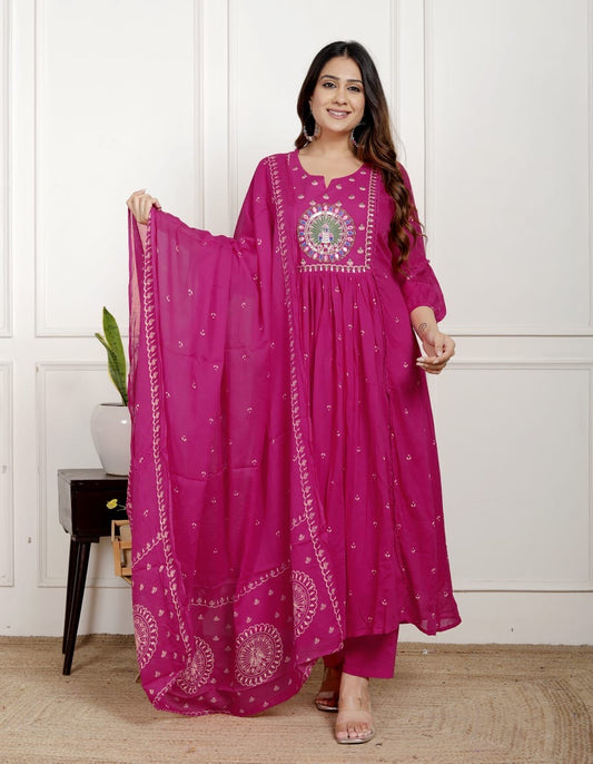 Premium Quality Pure Mul Cotton Bandhani Print  Embroided Anarkali Kurti Pant Dupatta Set With Mul Cotton Lining Inside.
