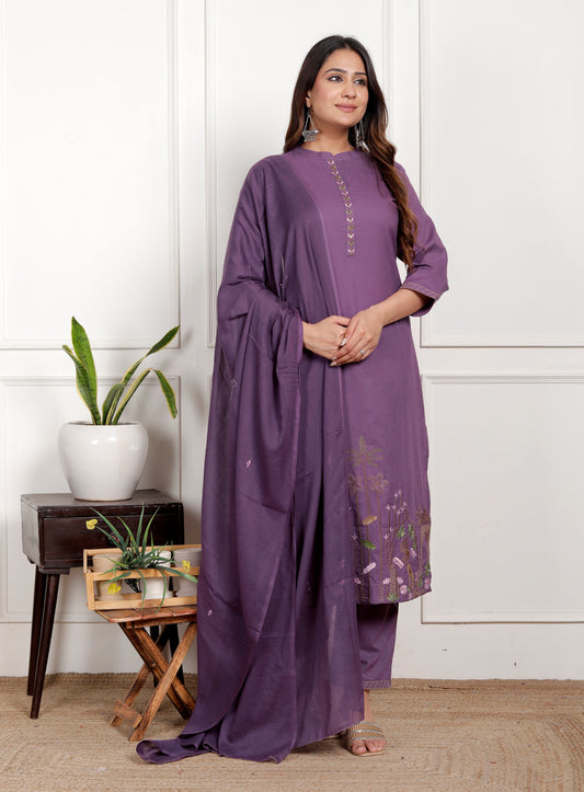 Premium Quality Pure Cotton Embroidered Ben Neck Kurti Pant Dupatta Set