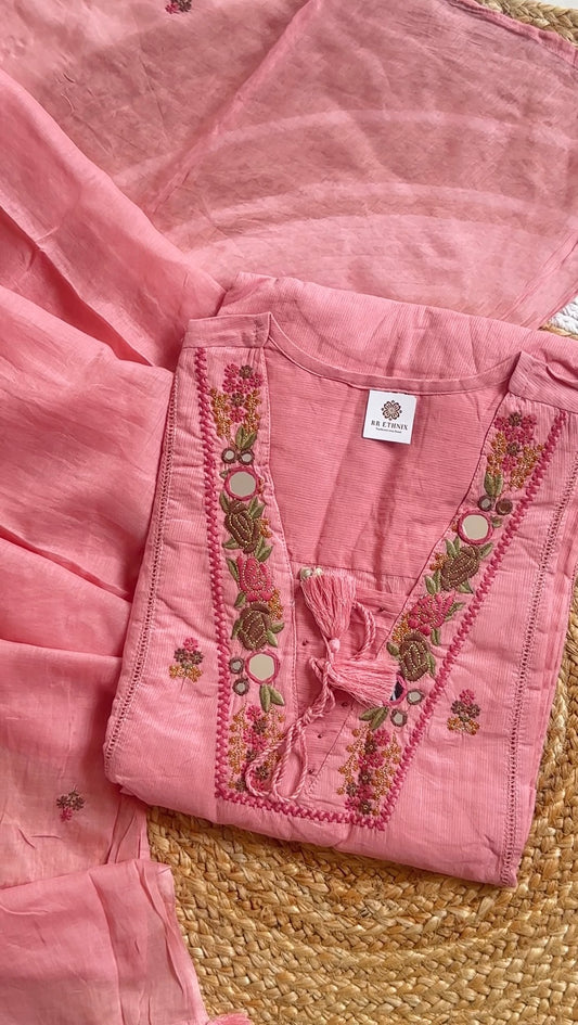 Blush Pink Mul Cotton Embroidery Suit Set with Mirror Work |Cotton pant & Mul Dupatta