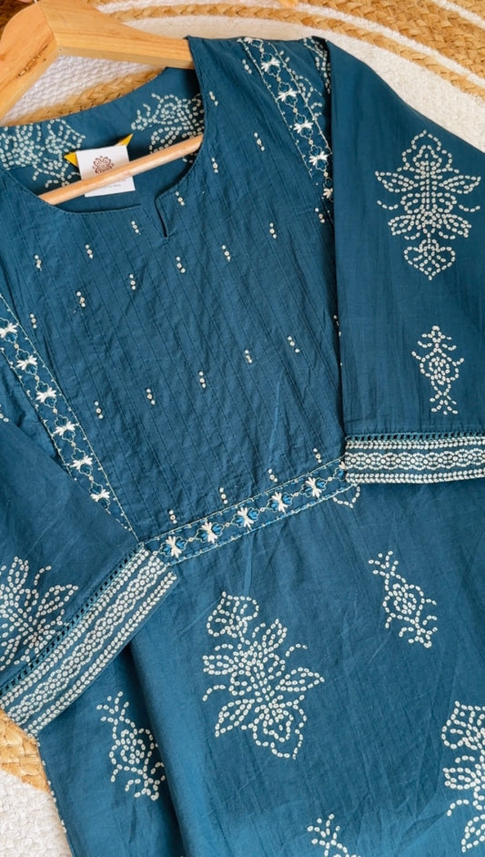 Teal Blue Cotton Suit Set with Mul Mul Dupatta | Embroidered Kurta Pant Set for Women | Summer Ethnic Wear