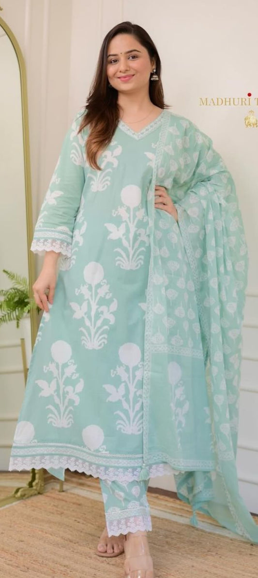 Premium Quality Mul Cotton Handwork A-Line Crochet Lace Work Double Pockets In Kurta Hand Block Kurti Pant dupatta Set