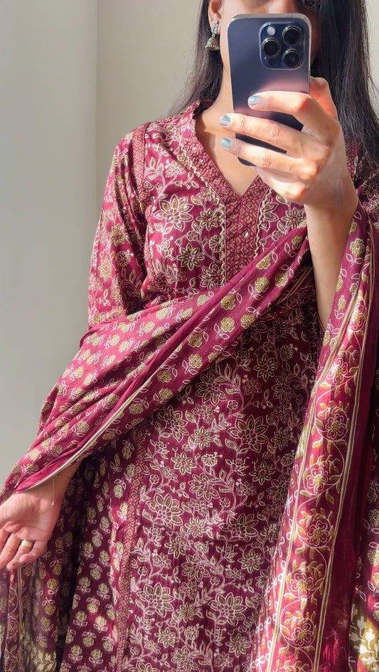 Maroon Hand Block Print Cotton Suit Set with Dupatta & Pant– Comfortable Daily and Office Wear