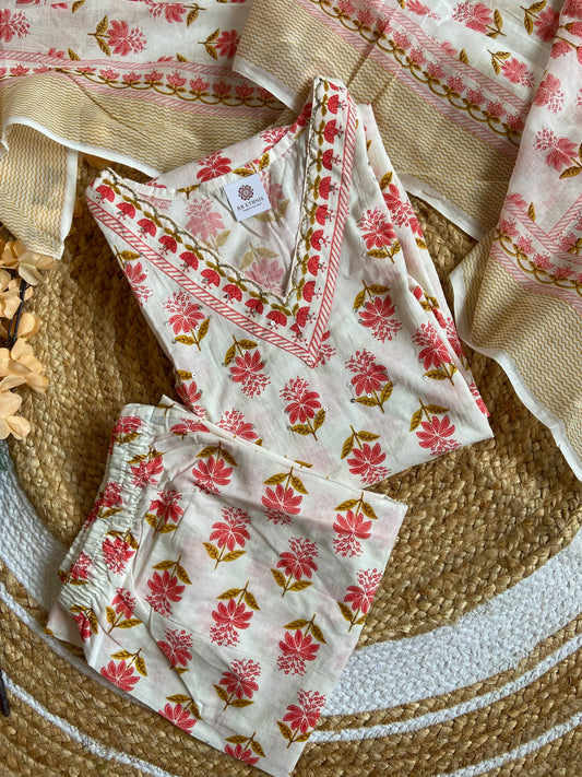 Pure White Cotton Handblock Floral Salwar Suit | Sanganeri Print | Ethnic Wear