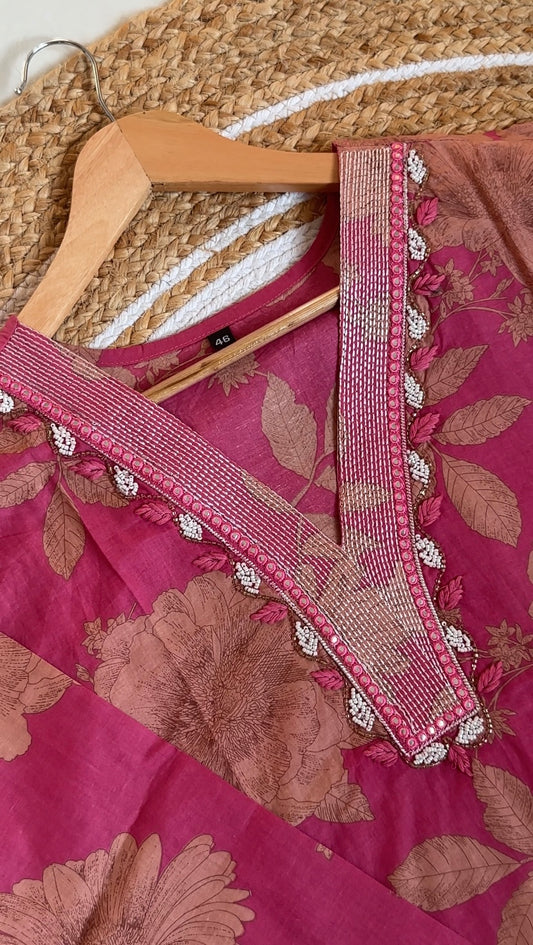 Plus Size Pink Floral Cotton Salwar suit– Kurti with Pant & Dupatta | Elegant V-Neck,Embellished Work & Soft Fabric