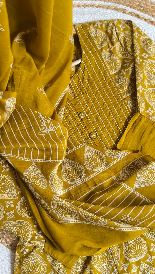 Mustard Yellow Printed Anarkali Kurta Set with Dupatta Pant – Cotton Ethnic Wear for Women