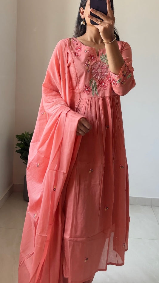 Mul-Cotton Peach Floral Embroidered Anarkali Kurta Suit with Lining | Straight Pant with Mul Cotton Dupatta | 3-Piece Ethnic Suit | Festive Wear for Women