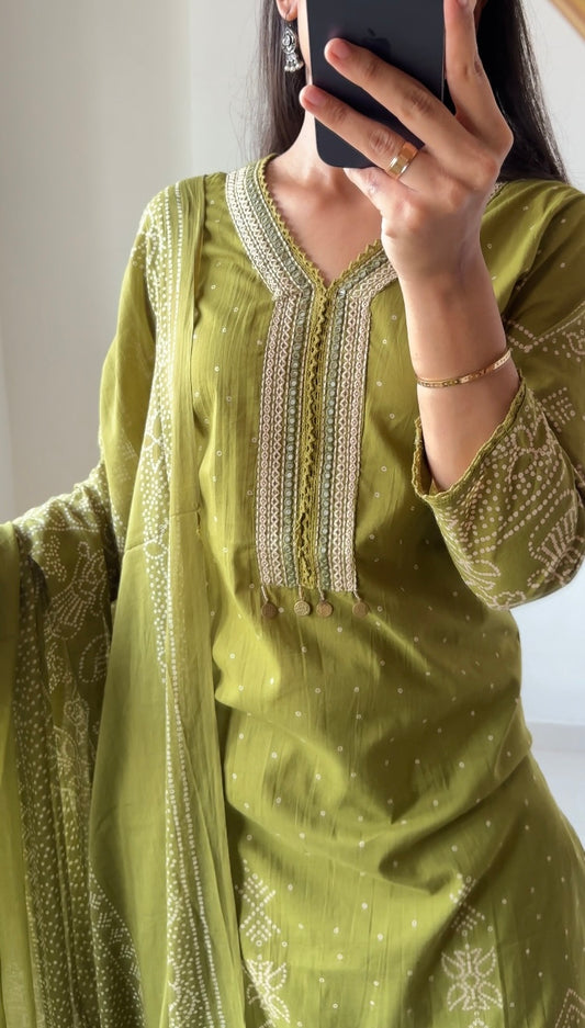 Olive Green Bandhani Print Premium Cotton Suit Set with Mirror Work Yoke 3piece & Dupatta