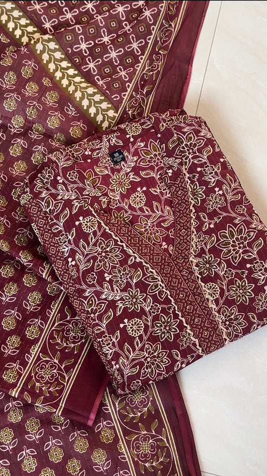 Maroon Hand Block Print Cotton Suit Set with Dupatta & Pant– Comfortable Daily and Office Wear