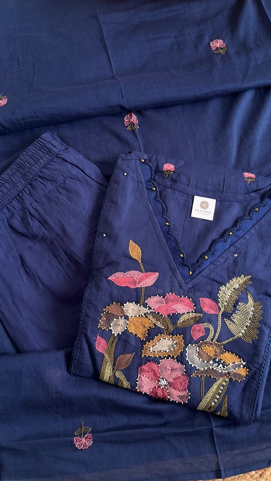 Navy Blue Embroidered Premium Cotton Suit Set with Mul Cotton Dupatta | 3 Piece Ethnic Kurta Set for Women | Festive Wear