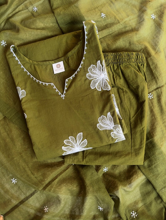 Elegant Olive Green Embroidered Cotton Kurta Set with Dupatta | Plus Size