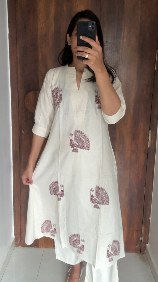 Sustainable Khadi Cotton Kurta Set | A-Line Kurti with Maroon Peacock Embroidery & Palazzo 2pc suit