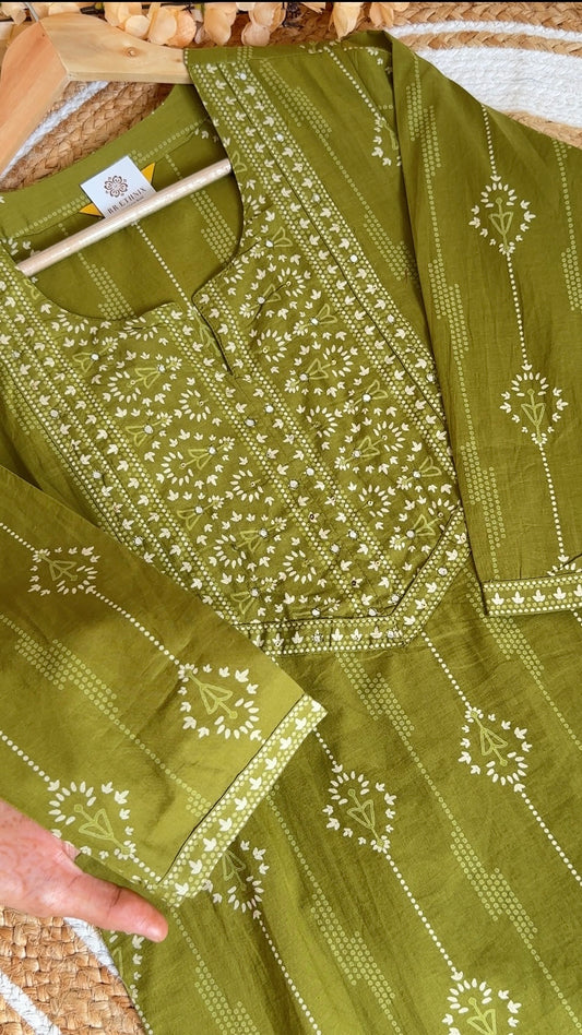 Olive Green Pure Cotton Salwar Suit with Mirror Work & Mul Dupatta | 3-Piece Summer Set