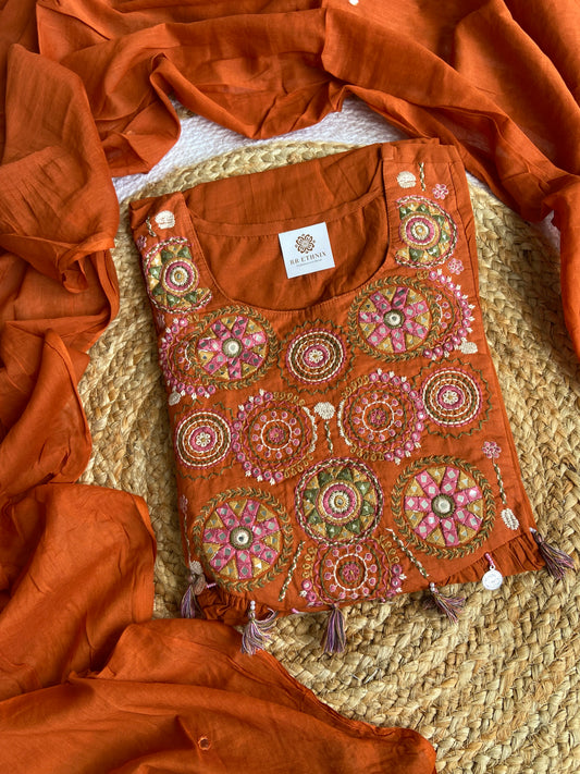 Earthy Terracotta rust orange Embroidered Cotton with Mirror Work Salwar suit 3pc set