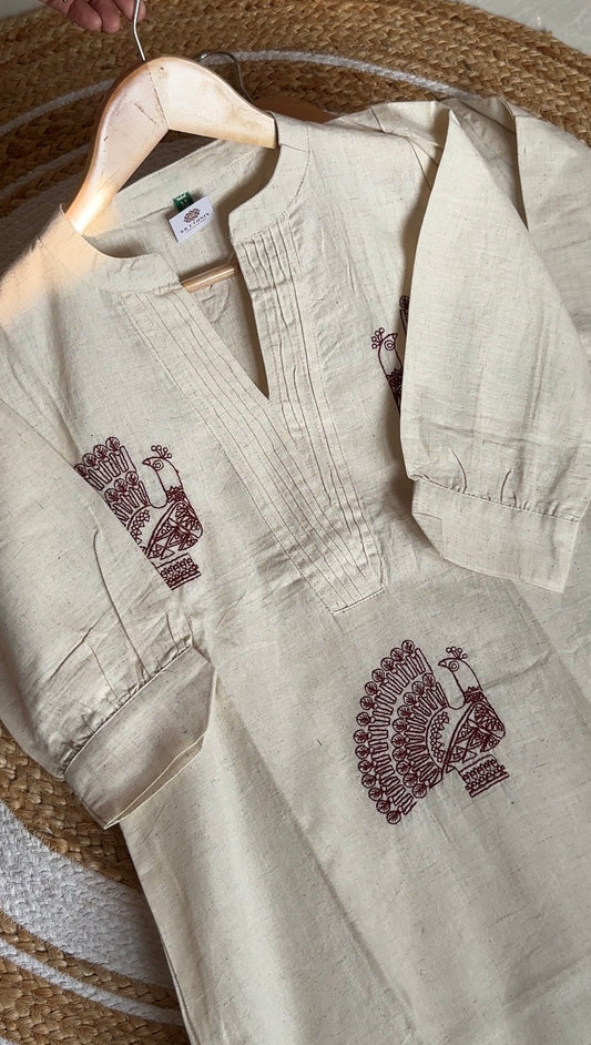 Sustainable Khadi Cotton Kurta Set | A-Line Kurti with Maroon Peacock Embroidery & Palazzo 2pc suit