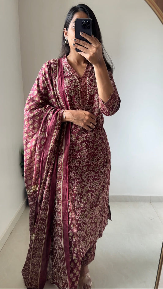 Maroon Hand Block Print Cotton Suit Set with Dupatta & Pant– Comfortable Daily and Office Wear