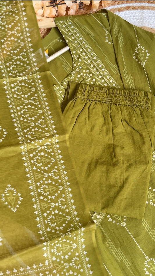 Olive Green Pure Cotton Salwar Suit with Mirror Work & Mul Dupatta | 3-Piece Summer Set