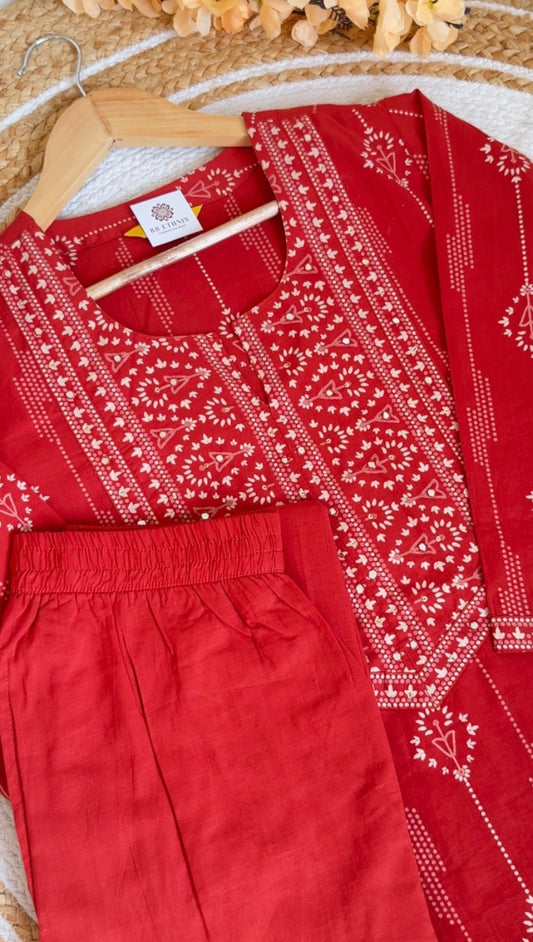 Rust Red Mul Cotton 3-Piece Kurta Set | Bandhani Print Suit with Mul Dupatta | Ethnic Wear for Women
