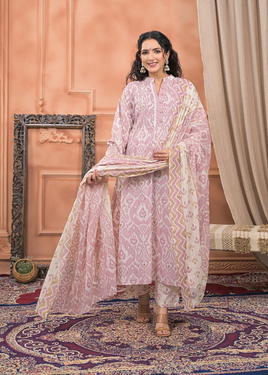 Premium Quality Pure Cotton Ikkat Print A-Line Kurti Pant Dupatta Set.