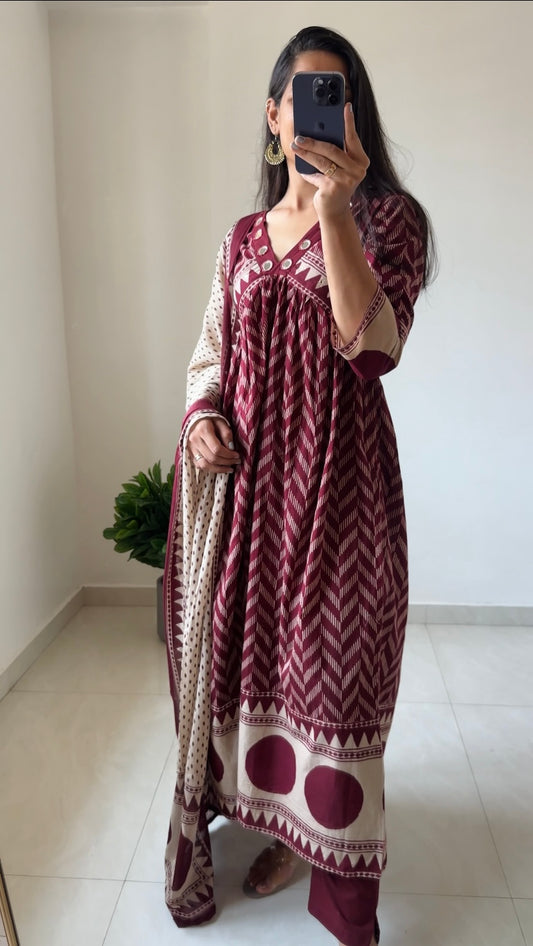 Maroon A-Line Cotton Suit Set with Real Mirror Work Neck & Printed Cotton Dupatta | 3 Piece Ethnic Set