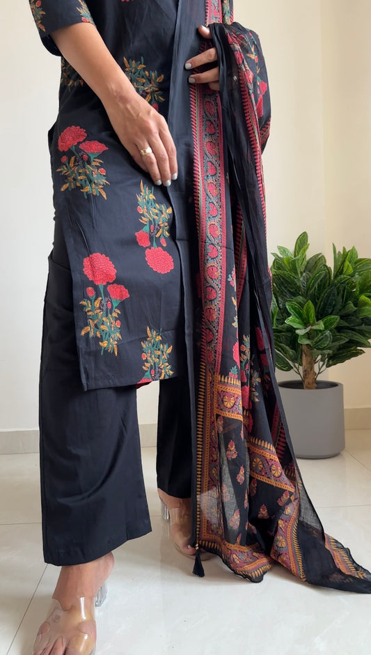Black Floral Print Pure Cotton Kurta Set | Guldasta Print Kurta Pant Dupatta Set