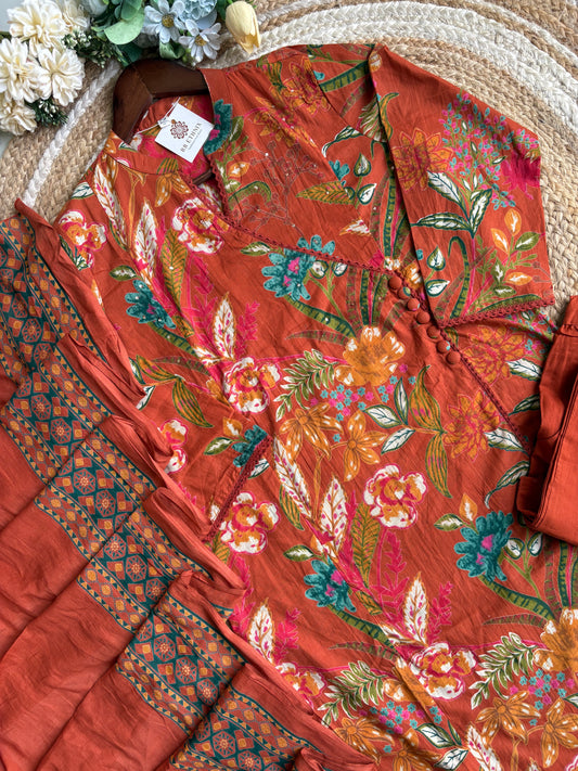 Premium Quality Pure Cotton Angarakha Style Kurti Pant Dupatta Set.