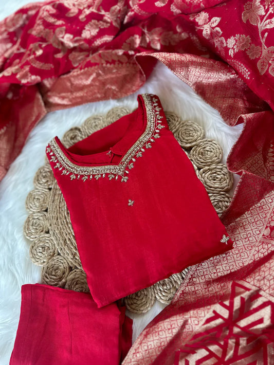 Premium Quality Pure Dola Silk With Hand Sequin Embroidery Kurti With Pants And Dupatta Set.