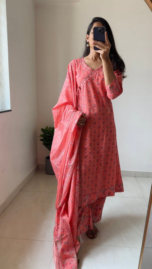 Peach Floral Cotton A-Line Kurta Set with Palazzo & Mulmul Dupatta | Hand Detailing Ethnic Wear for Women