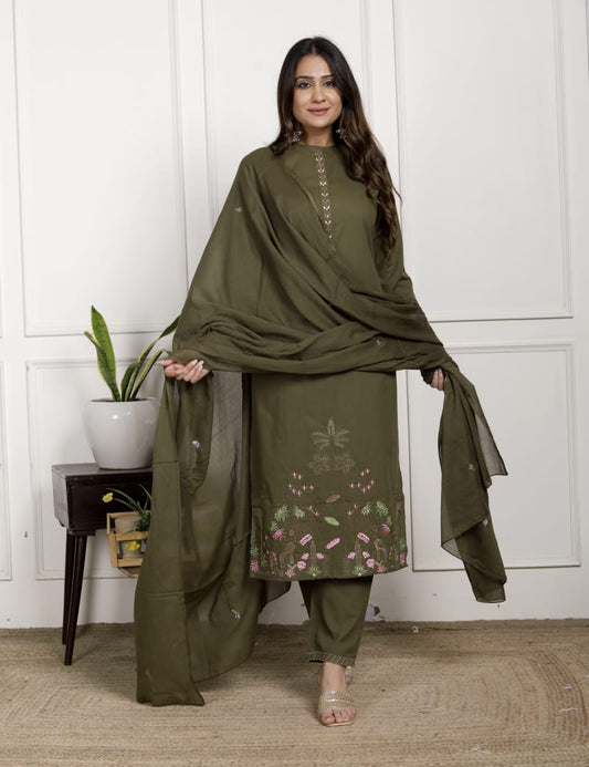 Premium Quality Pure Cotton Embroidered Ben Neck Kurti Pant Dupatta Set