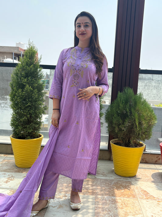 Premium Quality Pure Dobby Cotton Embroidered Straight Kurti Pant with Embroidered Mul-Cotton Dupatta