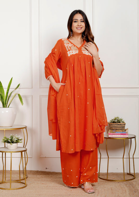 Premium QualityCotton Slub A-Line Kurta Plazo Dupatta Set With Lining Inside.