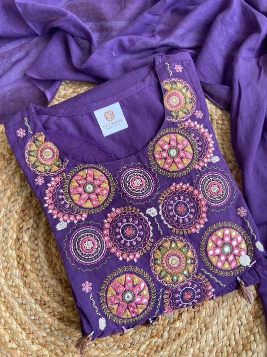 Deep Purple Embroidered and Mirror Work Cotton Salwar suit 3pc set