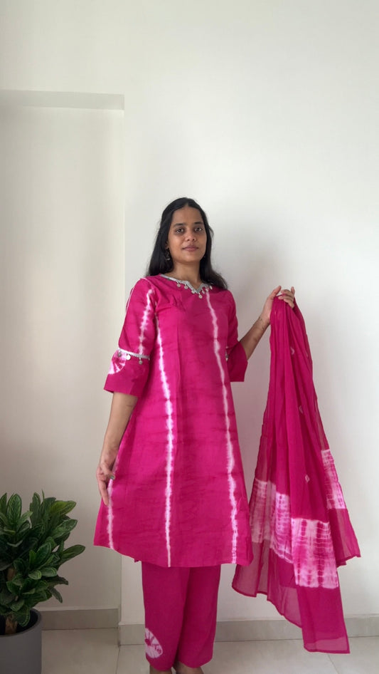Magenta Rani Pink Shibori Dye Cotton Suit Set with Silver Lace Trim