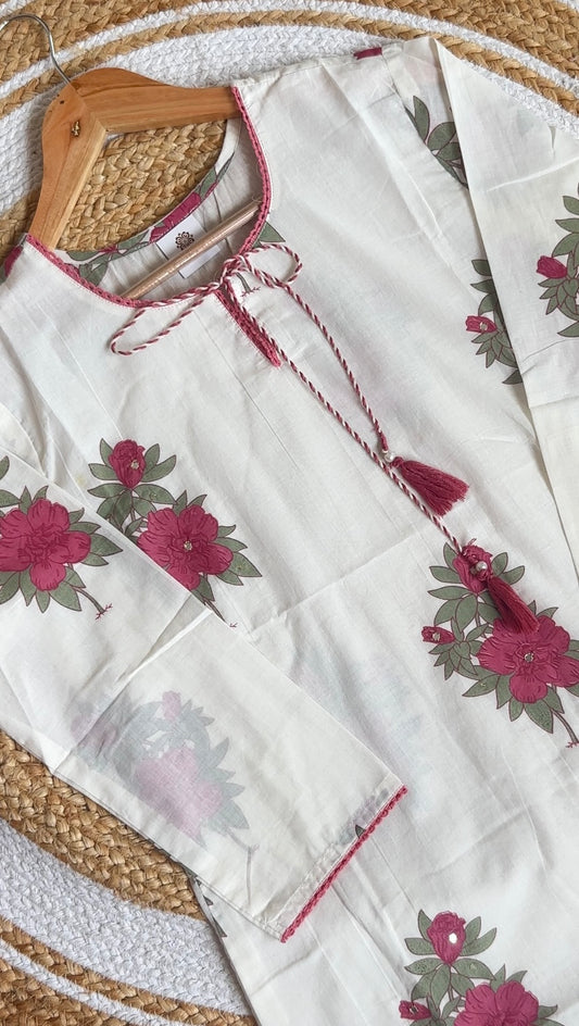 White Mul Cotton Kurta Set with lining & Kota Doria Dupatta | Rose Pink Floral Print | Cotton pant|3 Piece Suit