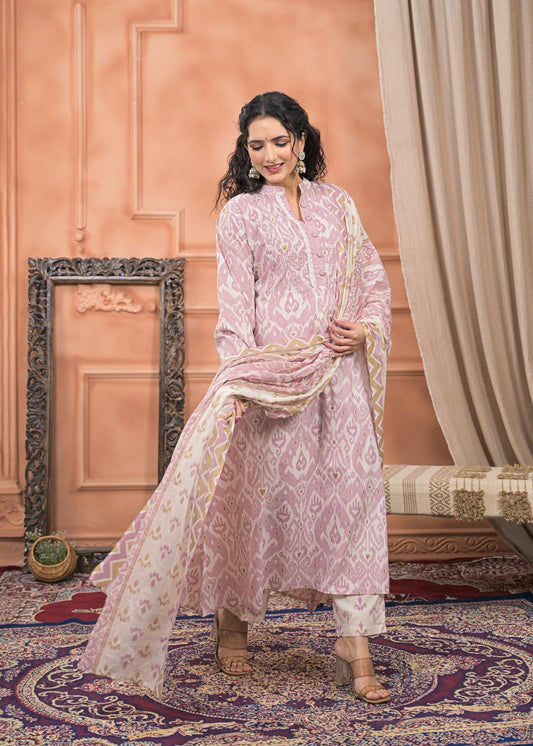 Premium Quality Pure Cotton Ikkat Print A-Line Kurti Pant Dupatta Set.