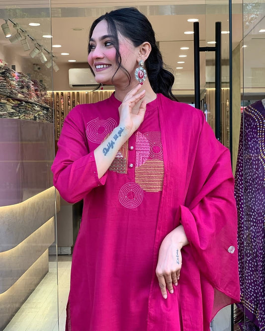 Premium Quality Pure Cotton Embroidered Ben Neck Kurti Pant Dupatta Set