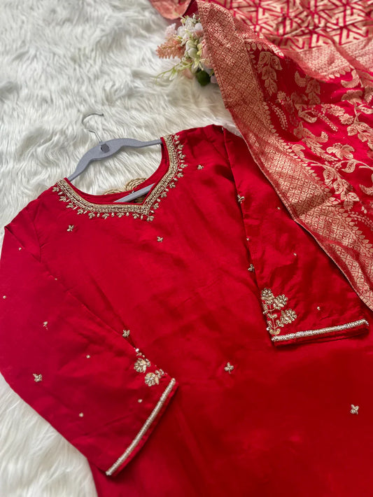 Premium Quality Pure Dola Silk With Hand Sequin Embroidery Kurti With Pants And Dupatta Set.
