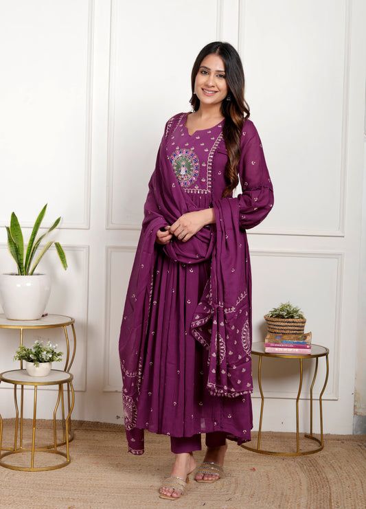Premium Quality Pure Mul Cotton Bandhani Print  Embroided Anarkali Kurti Pant Dupatta Set With Mul Cotton Lining Inside.