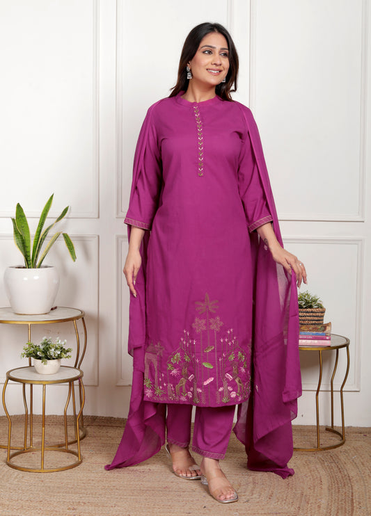 Premium Quality Pure Cotton Embroidered Ben Neck Kurti Pant Dupatta Set