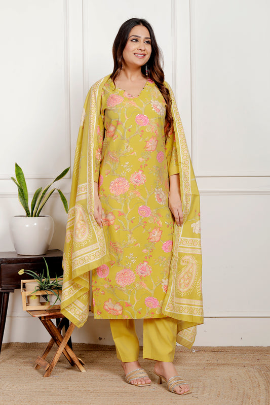 Premium Quality Modal Muslin Floral Printed Straight Kurti Pant Dupatta Set.