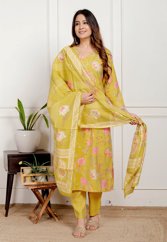 Premium Quality Modal Muslin Floral Printed Straight Kurti Pant Dupatta Set.