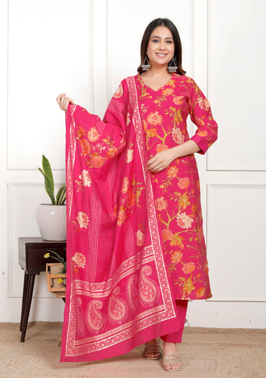 Premium Quality Modal Muslin Floral Printed Straight Kurti Pant Dupatta Set.