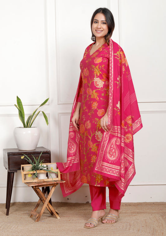 Premium Quality Modal Muslin Floral Printed Straight Kurti Pant Dupatta Set.