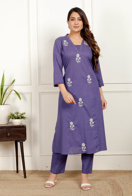 Premium Quality Pure Cotton Embroidered A-Line Kurti Pant Dupatta Set.