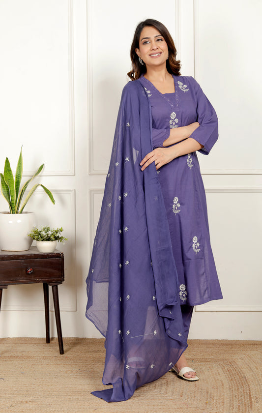 Premium Quality Pure Cotton Embroidered A-Line Kurti Pant Dupatta Set.